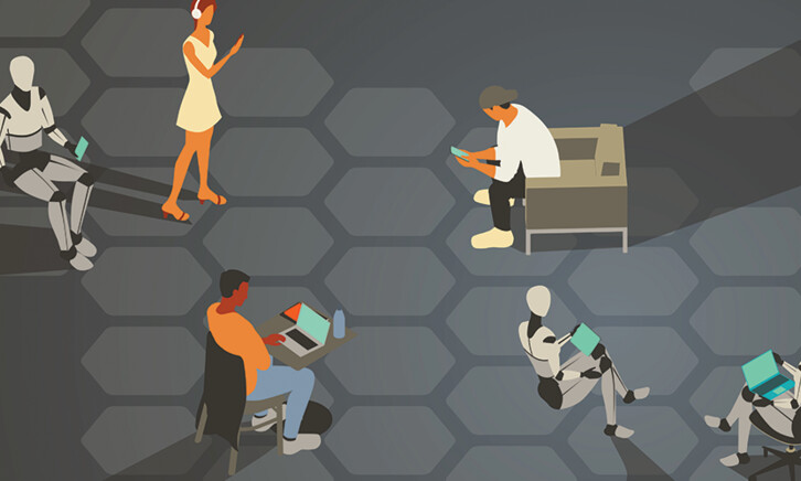 Group of humans and robots accessing a network