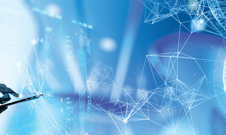 doctor on ipad with abstract networking concept and dna