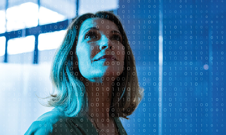 woman looking up at data concept