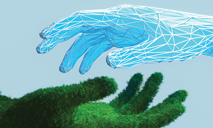 illustration of green hand and digital hand opposed