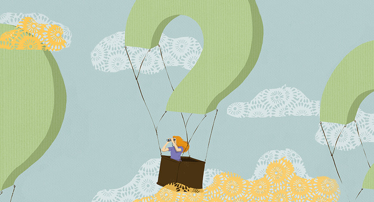 conceptual illustration of question mark hot air balloons in the clouds