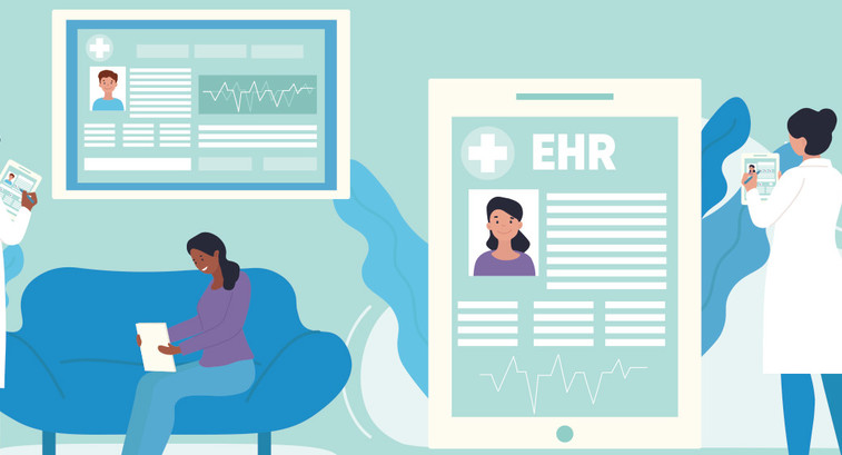 illustration of doctors looking at an electronic health record
