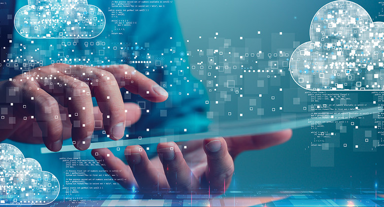 hands holding tablet surrounded by digital cloud illustrations