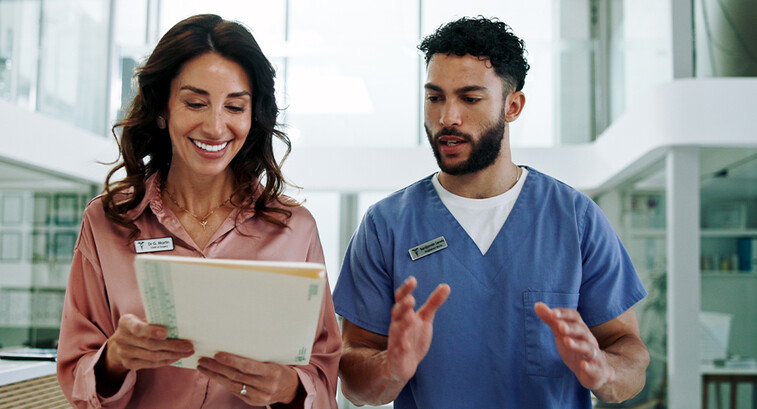 Hospital chief, teamwork and planning with doctor