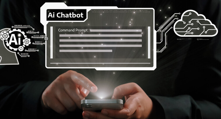 AI chatbot concept with chatbox and hand holding phone