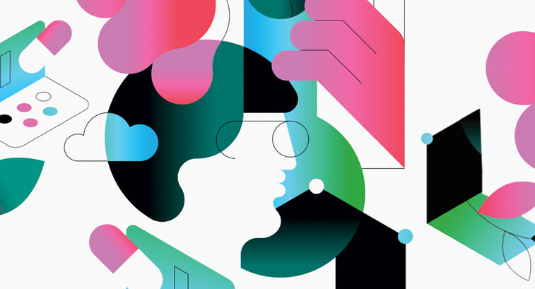 abstract illustration of person using EHR on computer surrounded by flowers and clouds