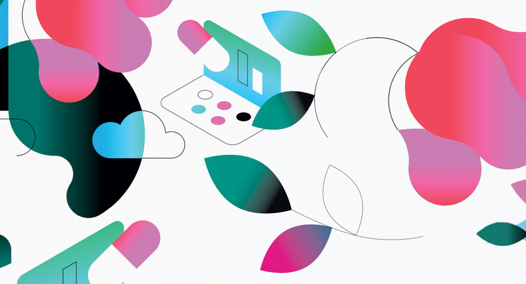 abstract illustration of person using EHR on computer surrounded by flowers and clouds