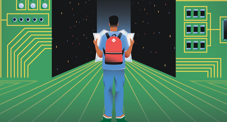 man with map and backpack navigates data center concept