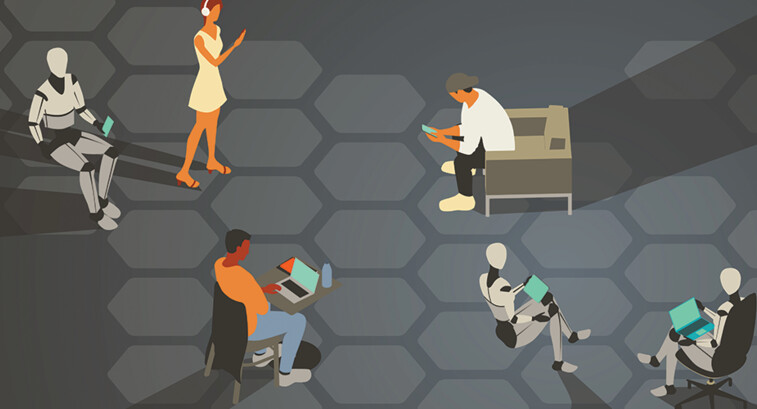 Group of humans and robots accessing a network