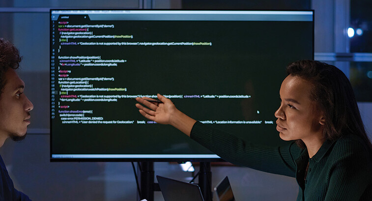 IT specialists meet and look at code