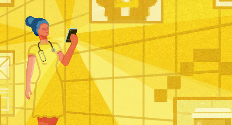 yellow illustration of doctor on cell phone