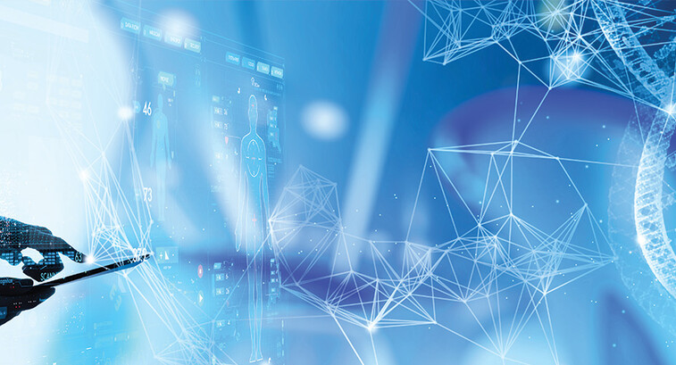 doctor on ipad with abstract networking concept and dna