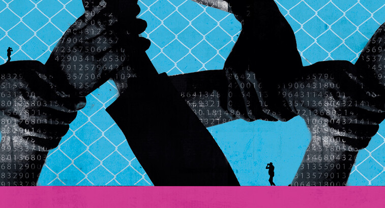 silhouette of hands clasped on wrists in a patterned design