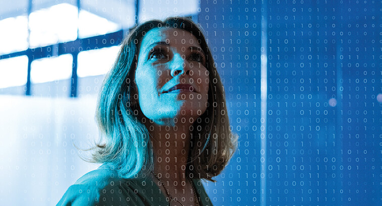 woman looking up at data concept