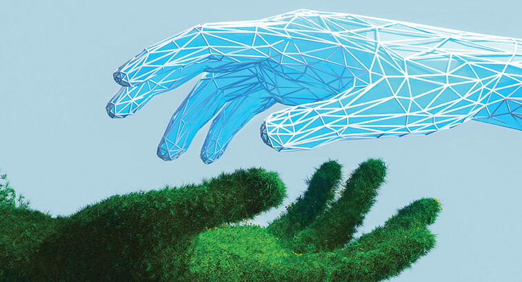 illustration of green hand and digital hand opposed