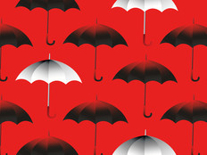black and white umbrellas on red background