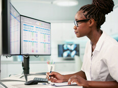 Women at desk working on computer