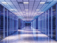 data center room with blue lights
