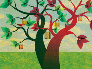 Illustration of tree with locks on branches to represent security