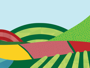 illustration of colorful farms and hills