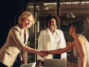 business leaders shake hands in conference room