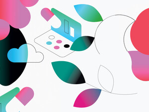 abstract illustration of person using EHR on computer surrounded by flowers and clouds