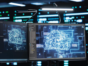 women on computer with digital brain