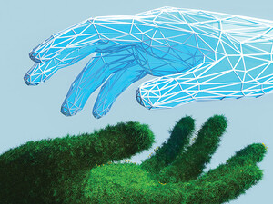 illustration of green hand and digital hand opposed