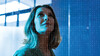 woman looking up at data concept