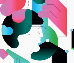 abstract illustration of person using EHR on computer surrounded by flowers and clouds