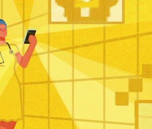 yellow illustration of doctor on cell phone